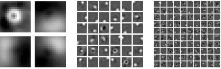 Fig. 7. Example filters learned from the ILD dataset, with different mixtures of generative and discriminative learning (16 filters of 8 × 8 voxels).