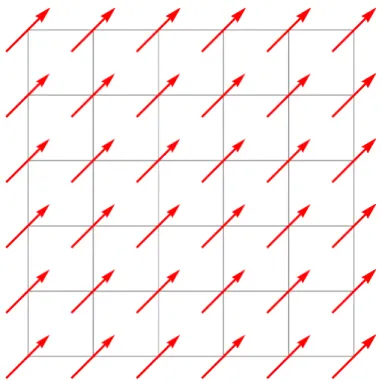 Figure 2.1: Ferromagnetic Ising model on the square lattice: Each spin is defined on the site of the lattice and takes binary values from {−1, 1}.