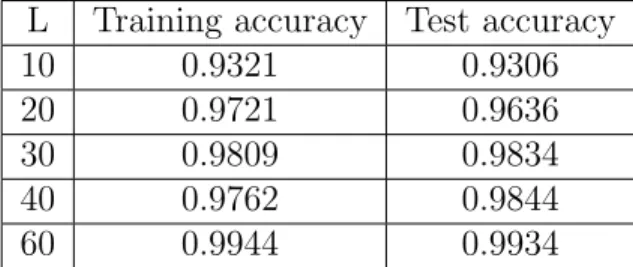 Table 5.1: Training and test accuracy for ferromagnetic Ising model.