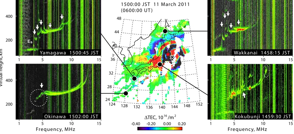 Fig. 1. Ionospheric signature prior to the earthquake. The map in the center shows the TEC disturbance (Tsugawa et al., 2011) and the four ionogramsare for Kokubunji (bottom right), Wakkanai (top right), Yamagawa (top left), and Okinawa (bottom left) in the order of distance from the epicenter.