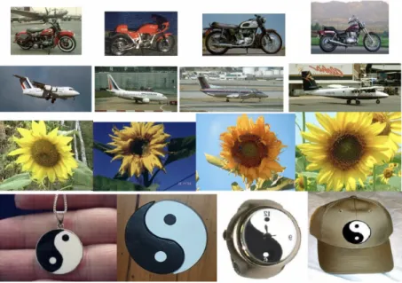 Figure 8: Caltech 101 categories utilized in this chapter (top to bottom rows): Mo- Mo-torbike, Aeroplane, Sunflower, Yin Yang.
