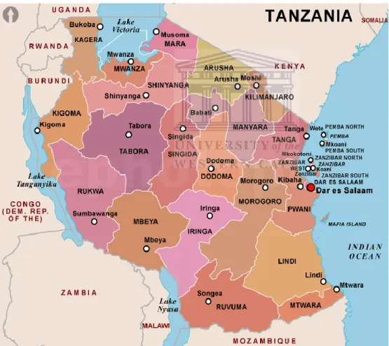 Figure 1.1: Tanzanian National Map, showing areas of transitory food insecurity. 