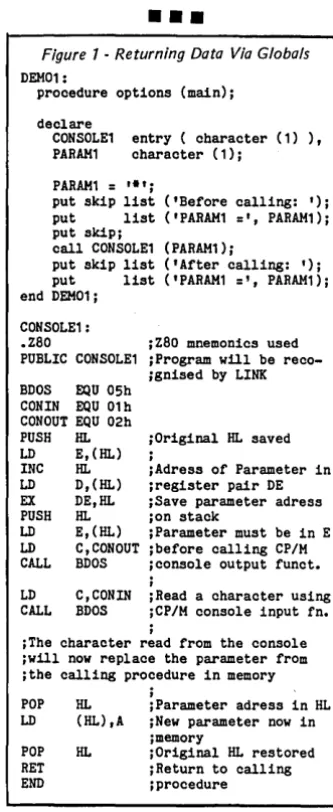 Figure 1 demonstrates cation called PARAM1 (by PLlI) this. CONSOLE1 first prints the '*', then CONIN is used to read a character from the console