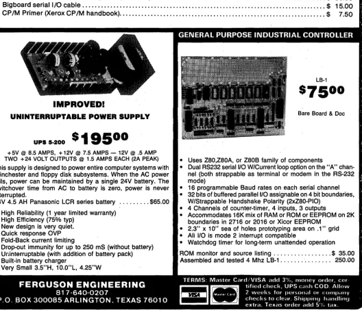 fig uration. These boards have 256K the bytes of 150ns 64K parts, an 8086-2, a socket for an 8087, a socket fora TI9914 IEEE 488controller,a socket for a Z8530serial communication controller, two sockets for 2732's or 2764's, and all TTL to make it work