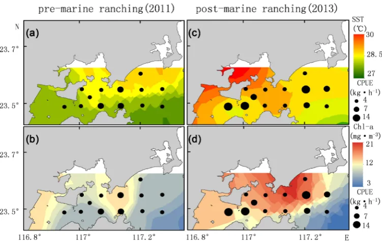 Figure 2. Spatial distribution of SST, Chl-a and CPUE during the pre- and post-marine ranching in Zhelin Bay