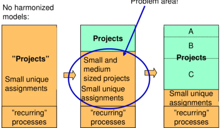 Figure 1: Typical situation in the middle. Management attention is focused into the big projects only  and a huge amount of medium and small size projects are leaving without