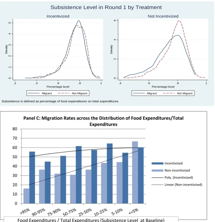 Figure 8: Heterogeneity in Migration Responsiveness to Treatment by Subsistence Level ‐0.252 (0.185) ‐0.870*** (0.204) 0.567** (0.240) 0.412* (0.227) Observations 1860 R‐squared 0.189 Panel B: Migration Decision as a Function of Baseline SubsistenceIncenti