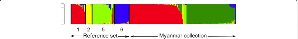 Figure 1 Graph of estimated membership fraction for K = 5 (run with the highest likelihood)
