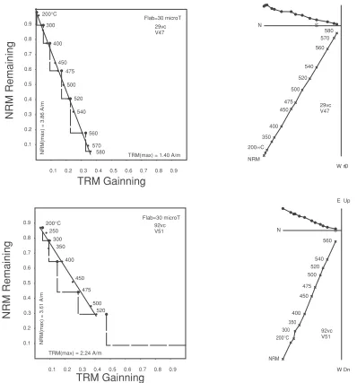 Fig. 3. The representative NRM-TRM plots and associated orthogonal diagrams from Vesuvius samples