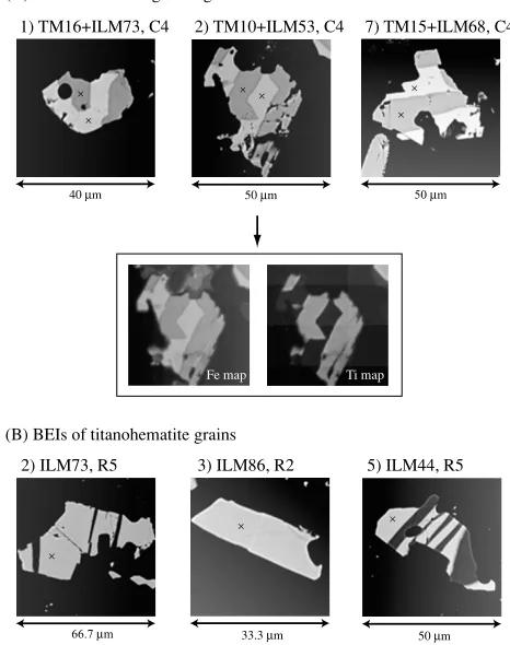 Fig. 3. Representative BEIs of (A) titanomagnetite and (B) titanohematitegrains of the specimen C-1
