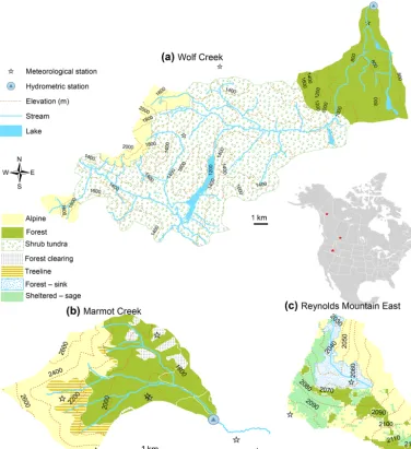 Figure 1. Vegetation, hydrography, topography, and meteorological stations of the three headwater study basins:Basin, Yukon Territory, Canada; (a) Wolf Creek Research (b) Marmot Creek Research Basin, Alberta, Canada; and (c) Reynolds Mountain within the Reynolds CreekExperimental Watershed, Idaho, USA.