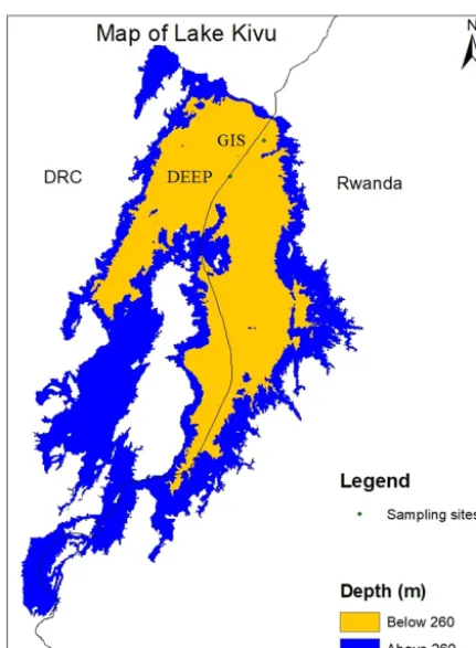 Figure 1. Lake Kivu map showing the sampling sites (GIS andDEEP) and the area of the resource zone (below 260 m); morpho-metric data are based on Ross et al
