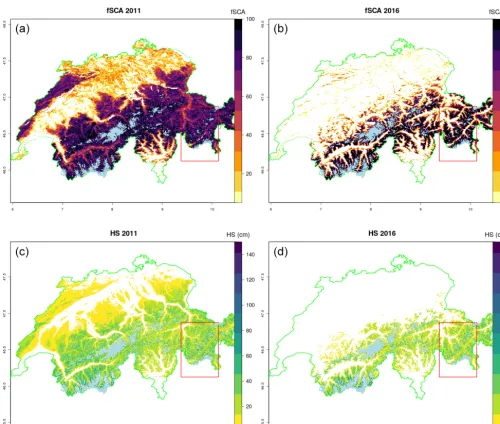 Figure 9. Mean December high-resolution (30 m) large area HS simulations (open loop) in two contrasting seasons (c, d) compared to theobserved spatial patterns of fSCA from mean December MODIS retrievals (a, b)