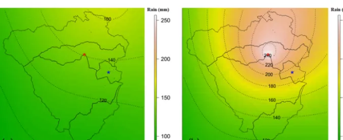 Figure 7. Pointwise 10-year unconditional return level map (mm) for 36 h extremes (a), and pointwise 1-in-10 chance conditional returnlevel map (mm) for 36 h extremes given a 20-year event for 36 h extremes happens at the location of the red star represent