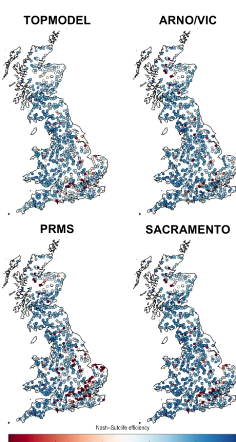 Figure 5. GB maps of model performance for each structure. Eachpoint is a gauge location which is coloured based on the best Nash–Sutcliffe score attained by the model for that catchment.