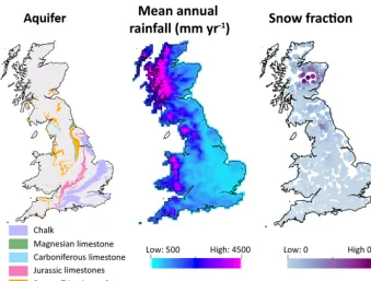Figure 2. (a) Major aquifers across Great Britain, based on BSS Geology 625k, with the permission of the British Geological Survey.(b) Mean annual rainfall for 10 km2 rainfall grid cells across Great Britain