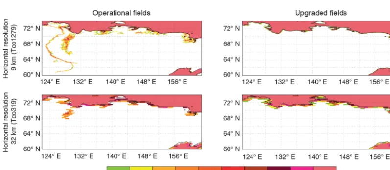 Figure 1. Combination of operational and upgraded Frland and Frlake ﬁelds showing the remaining ocean water over Finland and north-western Russia (59–72◦ N, 20–42◦ E) at different horizontal resolutions; colours indicate the ocean fraction in each grid box: white – noocean; pink – fully covered with ocean.