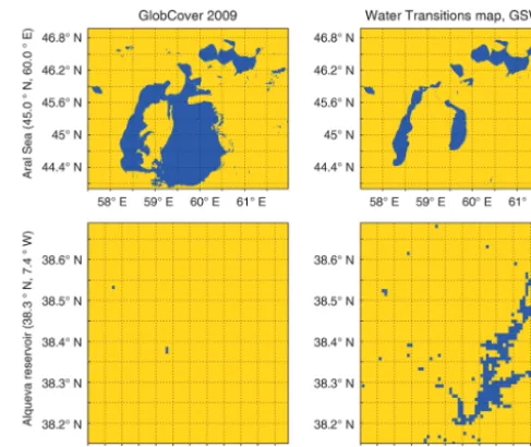 Figure 3. Water distribution from GlobCover 2009 and the GSWEWater Transitions map (only (1) permanent, (2) new permanent and(7) seasonal to permanent water classes are used); yellow colourindicates land, and dark blue indicates water.