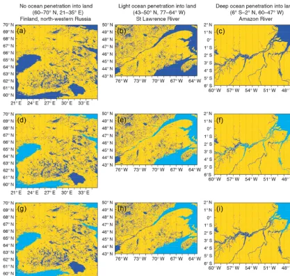 Figure 6. Phases of LWM water separation for Finland and the north-western part of Russiaseparation with ﬂood-ﬁlling and newly developed pixel-by-pixel water separation algorithms (“extra” ﬂooding,land, dark blue indicates inland water (inand the Amazon River region (a, d, g), the St Lawrence River region (b, e, h), (c, f, i): no water separation (a–c), separation with the ﬂood-ﬁlling algorithm only (“basic” ﬂooding, d–f) and g–i); yellow colour indicates d–f and g–i) or total water (in a–c), and light blue indicates ocean.