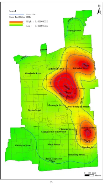 Figure 4. Kernel density distribution of “Power Facilities” cases at different scales and cases at 300 m scale; (b) “Power Facilities” at 300 m scale; (c) “Power Facilities” cases at Kernel density distribution of “Power Facilities” at different scales