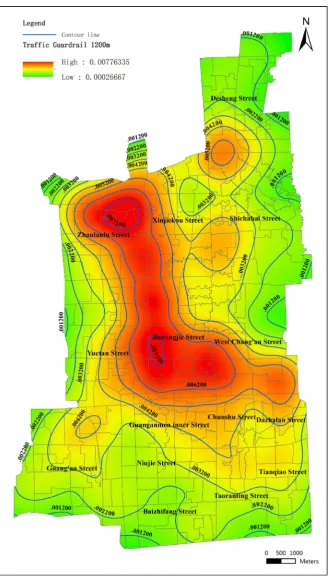 Figure 5. Kernel density distribution of “Traffic Guardrail” cases at different scales and rdrail” cases at 600 m scale; (d) “Traffic Guardrail” at 600 m scale; (e) “Traffic Guardrail” Kernel density distribution of “Traffic Guardrail” cases at different s