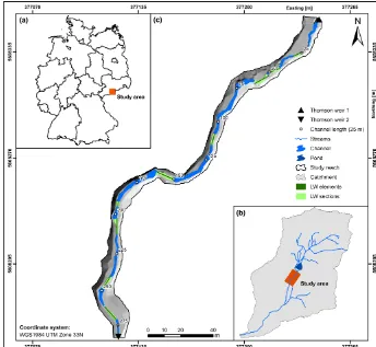 Figure 1. (a) Location of the study area in Germany (administrative units: BKG, 2018) and (b) the position of the study reach in the catchmentof the Ullersdorfer Teichbächel (stream network: LVA, 2002)