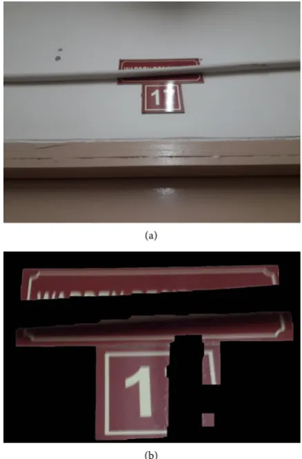 Figure 4. (a) A hostel sign distorted by light emitted by an overhead tube light, and (b) its HSV separated and automatically zoomed image