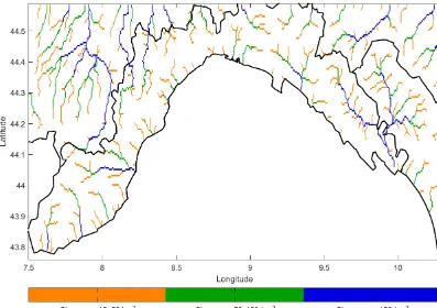Figure 6. River network grid points divided in three classes of drained area for the Continuum computational domain: small catchments of15–50 km2, medium size catchments of 50–150 km2 and big catchments > 150 km2.