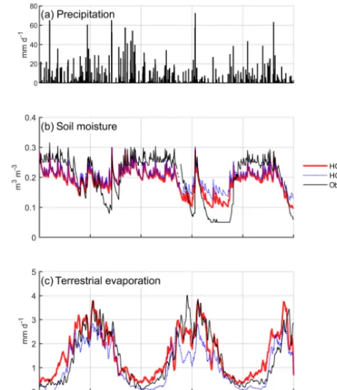 Figure 7. (a) Precipitation as well as observed and modelledmoving average of terrestrial evaporation at US-WBW (climate:(b) daily mean soil water content at a depth of 20 cm, and (c) 10 dtemperate; vegetation: deciduous broadleaf forest).