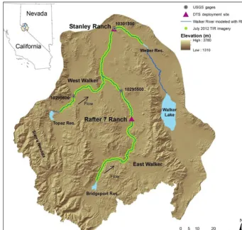 Figure 1. Walker River modeled extent, June 2015 DTS deployment sites, and July 2012 TIR imagery extent.