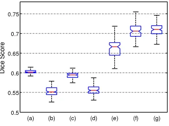 Figure 2.5: Box plot of dice scores on dementia dataset between ground truth labels andoutputs of clustering methods: (a) K-means, (b) K-means with proﬁle, (c) Hierarchicalclustering, (d) Hierarchical clustering with proﬁle, (e) CHIMERA-afﬁne, (f) CHIMERA-duo, and (g) CHIMERA-trans.