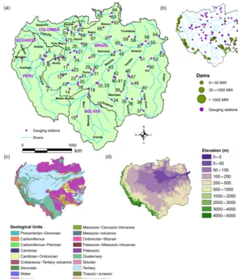 Figure 1. (a) Locations of the 75 hydrological gauges and the river network of the Amazon basin