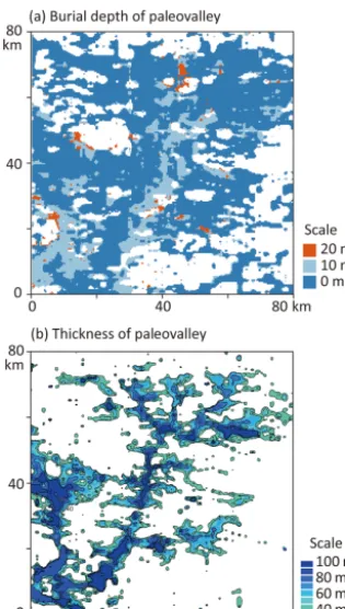 Figure 11. (a) Burial depth and thickness (>40 m) of the allu-vium sediments in paleovalleys inferred from the 3-D binary val-ley image of Fig