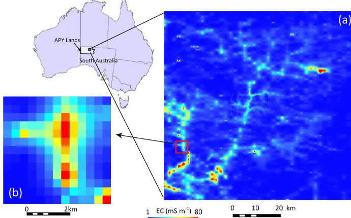 Figure 1. (a) Electrical conductivity at 100 m depth ranging from 1 to 80 mS m−1, as interpreted from airborne electromagnetic surveys inthe Anangu Pitjantjatjara Yankunytjatjara (APY) lands, Australia; (b) inset shows details of EC map at a spatial resolution of 400 m ×400 m(Soerensen et al., 2016).