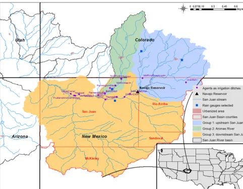Figure 2. The upper San Juan River basin. Different colors of the basin represent the geographical regions that this paper used to group majorirrigation districts (agents, marked as dots)