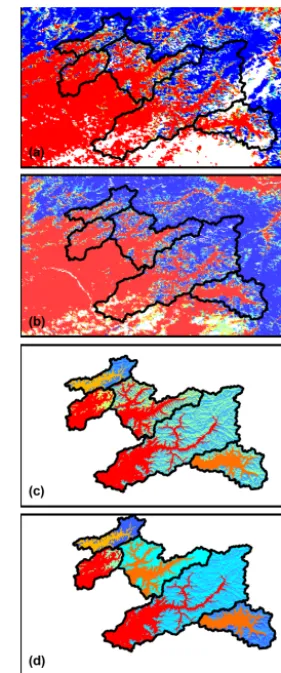 Figure 5. Study area snow cover area in the CHPS model frame-work for (a) MOD10A1 and (b) MODSCAG, where white is eithermissing or cloud covered, and elevation-averaged (lumped by ele-vation) snow cover extent based on (c) MOD10A1 and (d) MOD-SCAG