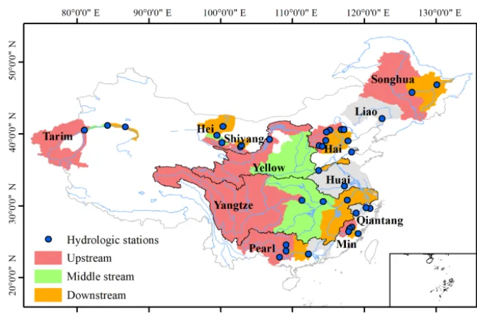Figure 1. The locations of the 12 basins and 37 hydrologic stations. Upstream, middle stream, and downstream were identiﬁed by red, green,and yellow colors, respectively.