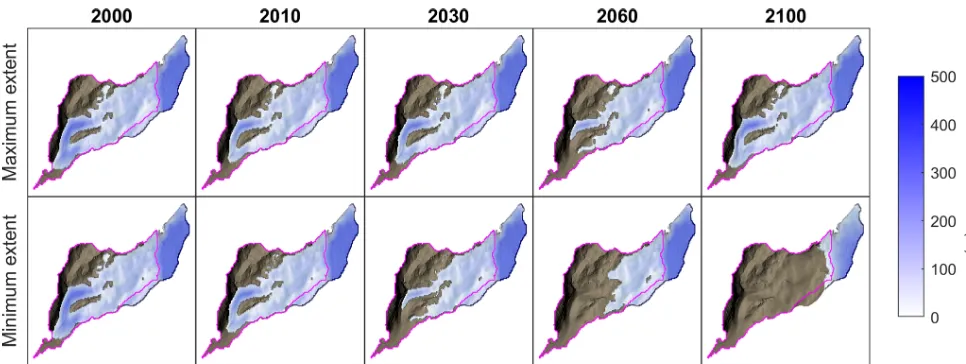 Figure 8. Simulated ice thickness between 2000 and 2100 based on simulations that projected the maximum (RCP4.5) and minimum(RCP8.5) ice coverage by 2100