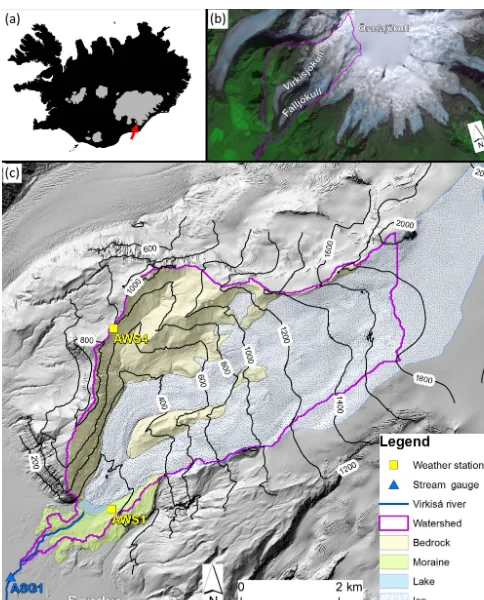 Figure 1. Location of the Virkisá river basin in Iceland withand detailed topographical map of the basin including major landsurface types as well as meteorological and stream gauging sta-tionsglaciated areas highlighted in grey (a), location of Öræfajökull (b), (c).