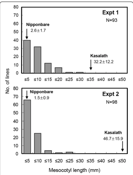 Figure 2 Frequency distribution of the mesocotyl length of BILsin the two experiments