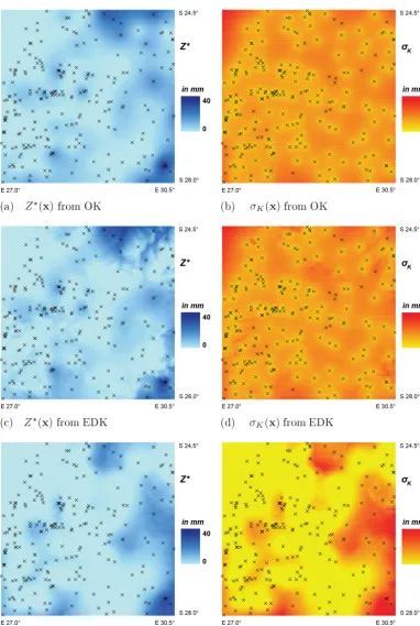 Figure 6. Spatial patterns of the estimator Z∗(x) and the standard deviation σK(x) from OK, EDK and QK-� for August 1993