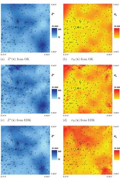 Figure 7. Spatial patterns of the estimator Z∗(x) and the standard deviation σK(x) from OK, EDK and QK-� for January 1996