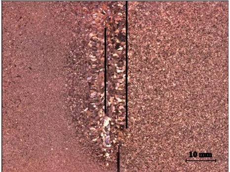 Figure 1. Macrograph of the transverse cross-section of an EB weld. Tube material is on the left side and lid material 