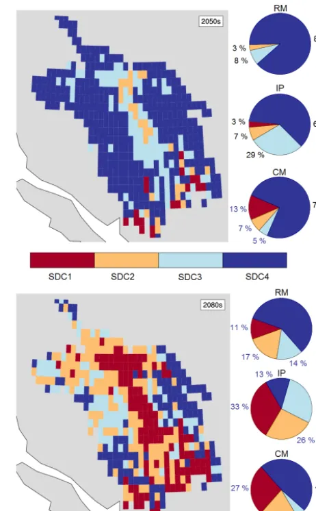 Figure 9. CMIP5-VIC-simulated MME mean projected snowmelt-dominant categories (SDC) in the 2050s and 2080s