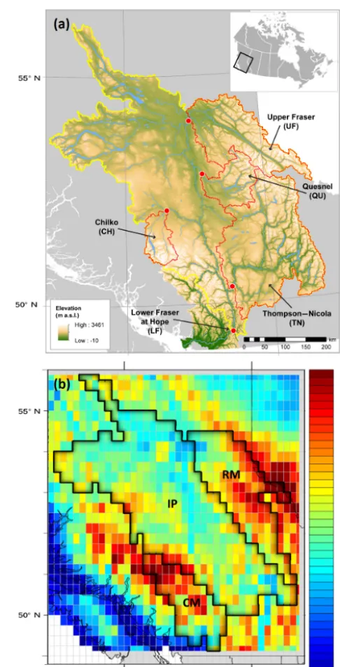 Figure 1. (a) Digital elevation model of the FRB with identiﬁca-tion of sub-basins: upper Fraser (UF), Quesnel (QU), Chilko (CH),Thompson–Nicola (TN) and Fraser at Hope (LF)