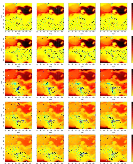 Figure D1. Objective function sensitivity analysis. Column 1: no noise; column 2: 10% noise; column 3: 20% noise; column 4: 40% noise;row 1: 1 well; row 2: 3 wells; row 3: 5 wells; row 4: 15 wells; row 5: 25 wells.