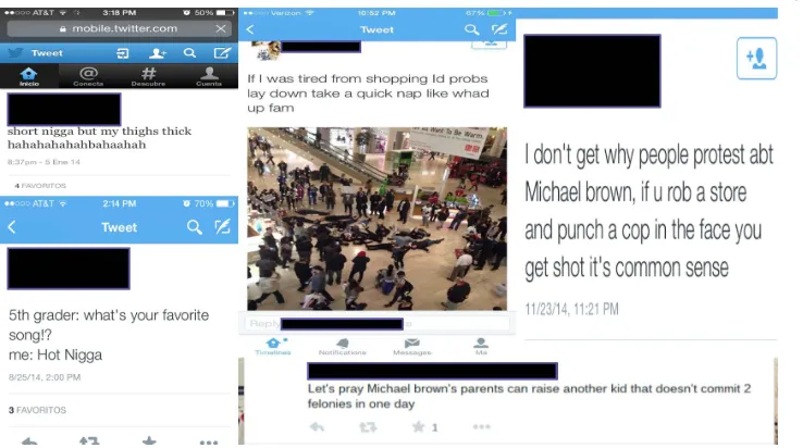 Figure 7.2 shows different Twitter posts that the girls found to illustrate the racist 