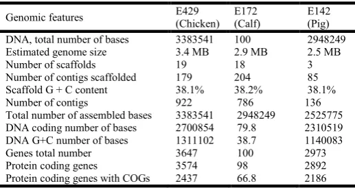 Table 1. Structural features and genome composition features associated with the sequenced genomes of E
