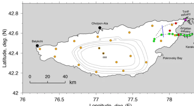 Figure 1. Map of Lake Issyk-Kul with schematized bathymetry contours 200, 300, 400, and 500 m, and hydrographic stations occupiedduring the ﬁeld campaigns of June 2015, November 2016, and June 2017