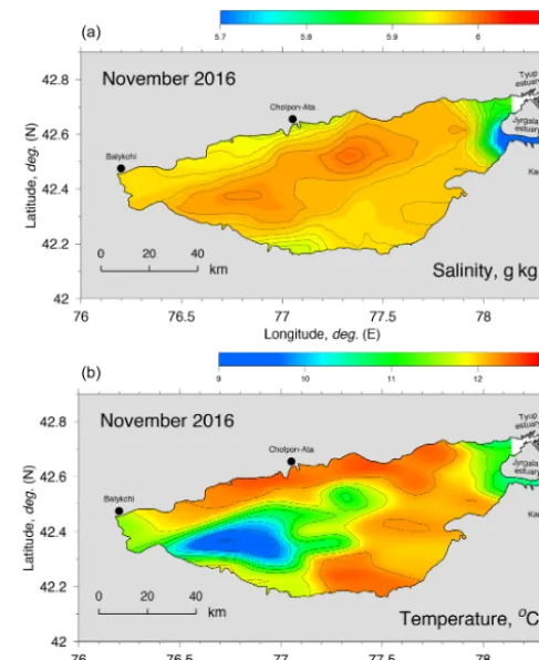 Figure 3. (a) Salinity and (b) temperature distributions at the lakesurface in November 2016, based on pump-through CTD measure-ments.